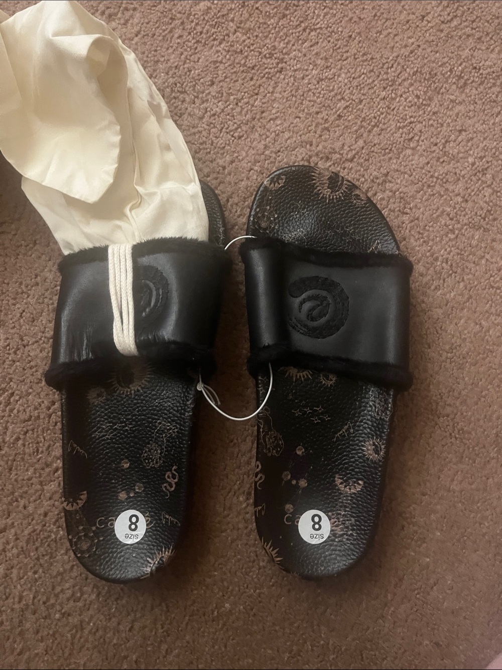 Calme Black Slide Sandals with Subtle Print - Size 8 w dust bag